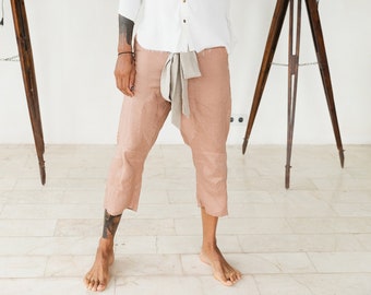 Pink Linen Pants Mens 3/4 ∆ Short Baggy Pants Comfy Clothes ∆ Capri Harem Pants ∆ Eco Flax Linen Shorts ∆ Lounge Wide Leg Pants / Dusty Pink