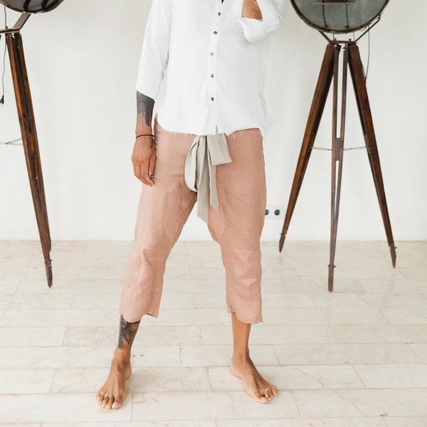 Pink Linen Pants Mens 3/4 ∆ Short Baggy Pants Comfy Clothes ∆ Capri Harem Pants ∆ Eco Flax Linen Shorts ∆ Lounge Wide Leg Pants / Dusty Pink