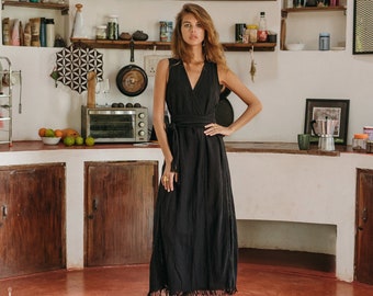 Black Maxi Wrap Dress ∆ Women Boho Kimono Dress ∆ Bohemian Clothes Goddess Dress ∆ Ibiza Raw Cotton Dress ∆ Organic Cocktail Dress / Black