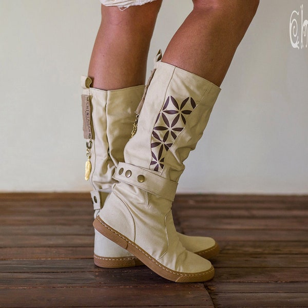 Vegan Boho Shoes ∆ Desert Man Boots Women ∆ Organic High Shoes ∆ Flower of Life Cotton Canvas Boots ∆ Eco Veg Raw Tribal Boots / Off White