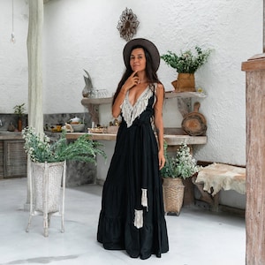 Black Maxi Dress ∆ Cotton Goddess Dress Women Boho Clothing ∆ Linen Fringe Gown Open Back Dress ∆ Long Sleeveless Backless Dress / Black