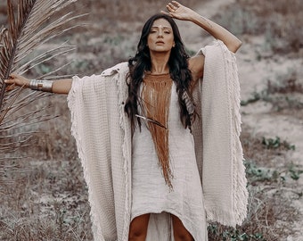 Boho Festival Poncho Kimono ∆ Burning Man Clothing Women Kimono Jacket ∆ Oversized Boho Cardigan Robe ∆ Festival Outfit Clothes / Off White