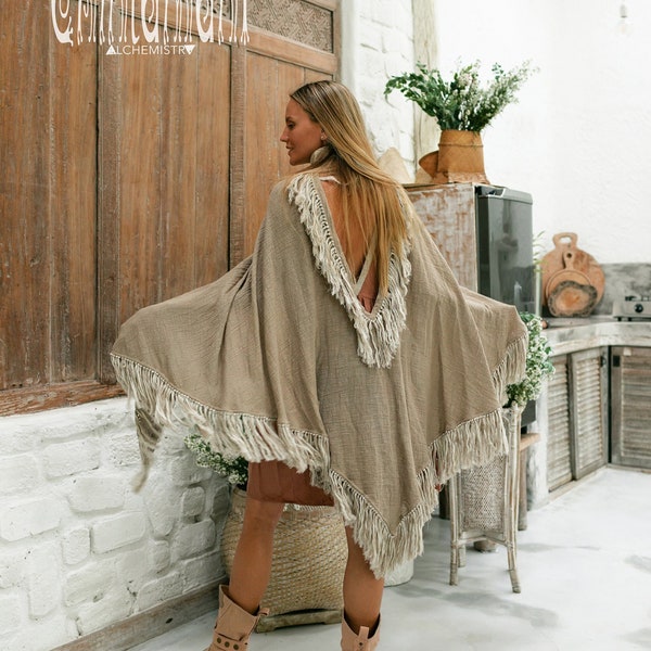 Poncho Cape ∆ Women Hippie Boho Clothes ∆ Tribal Ceremony Clothing Wrap Dress Cover Up ∆ Backless Fringe Top ∆ Bohemian Cardigan Cloak/ Sage