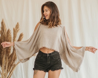 Summer Crop Top Tee ∆ Open Wide Sleeve Hippie Poncho ∆ Women Festival Clothing Raw Cotton Top ∆ Earthy Clothes Slit Loose Boho Top / Beige