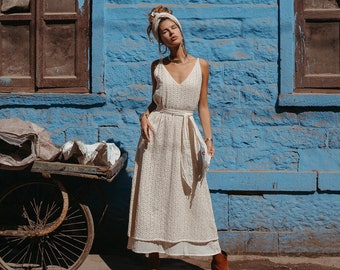 White Boho Dress ∆ Summer Organic Cotton Clothing Double Layer Maxi Dress ∆ Simple Modest Wedding Dress ∆ Goddess Gown / Off White