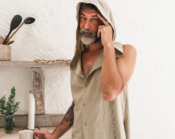 Mens Hooded Vest Shirt ∆ Boho Clothing Long Raw Cotton Tank Top ∆ Bohemian Festival Man Clothing ∆ Organic Big Hood Vest Tunic Shirt / Sage