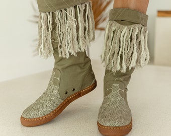 Vegan Boho Boots Women ∆ Fringe Shoes ∆ Cotton Canvas Boots ∆ Festival Clothes Hippie Goa Tassel Gypsy Shoes ∆ Desert Man Boots / Army Green