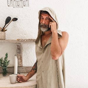 Hemd met capuchon heren ∆ Bohokleding lange tanktop van ruw katoen ∆ Boho festival herenkleding ∆ Biologisch vest tuniek met grote kap / salie