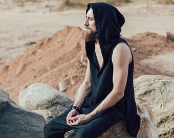 Black Hooded Vest Shirt for Men ∆ Raw Cotton Man Tank Top ∆ Ripped Shirt on Buttons ∆ Tribal Boho Clothing ∆ Huge Hood Man Top