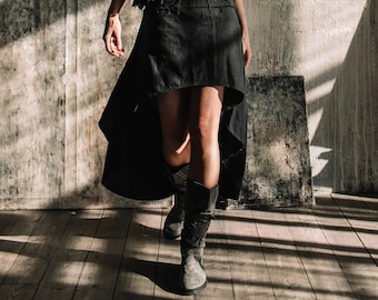 Asymmetrical Black Mini Skirt ∆ Raw Cotton Long Back Short Boho Skirt ∆ Organic Clothing Women ∆ Bohemian Skirt w Tail / Atua Tino / Black