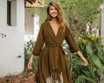 Boho Kimono Robe ∆ Fringe Wrap Cardigan Bohemian Clothing Women ∆ Hippie Robe Kaftan ∆ Raw Cotton Nomad Outfit Festival Jacket / Brown