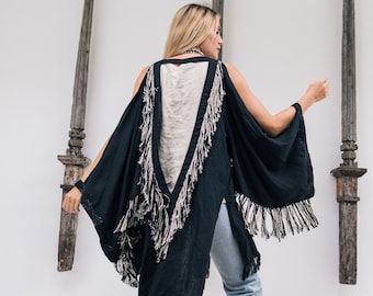 Leinen-Kimono-Jacke ∆ Fransen-Robe, Boho-Kleidung für Damen, Leinen-Stammes-Strickjacke, Kimono-Wickeloberteil, weitärmeliges, rückenfreies Fransenkleid / Schwarz