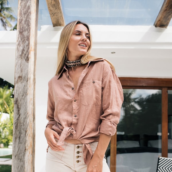 Linen Shirt Women with Silk ∆ Oversized Shirt ∆ Button Down Blouse ∆ Linen Clothes ∆ Long Sleeve Shirt Organic Plus Size Top/ Dusty Pink