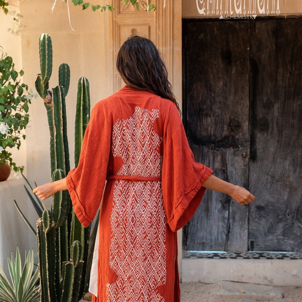 Raw Cotton Kimono Robe ∆ Boho Cardigan Wrap Jacket ∆ Maxi Bohemian Gown ∆ Tribal Clothes Gypsy Top ∆ Miami Long Beach Cover Up / Red Ochre