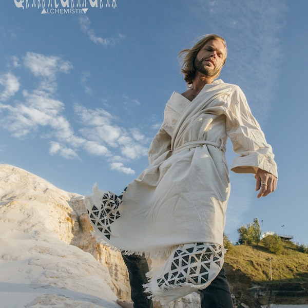 Mens Cloak Mantle ∆ Huge Wrap Coat ∆ Raw Cotton White Kimono Cardigan ∆ Nomad Gypsy Coat ∆ Geometric Organic Clothing / Aroha Atua Off White