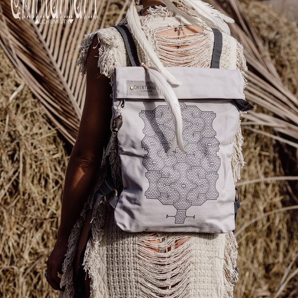 Small Laptop Backpack Women ∆ Flat Boho Backpack ∆ Shipibo Print Vegan Backpack ∆ Urban Eco Vegan Bag ∆ Cotton Canvas Backpack / Light Gray