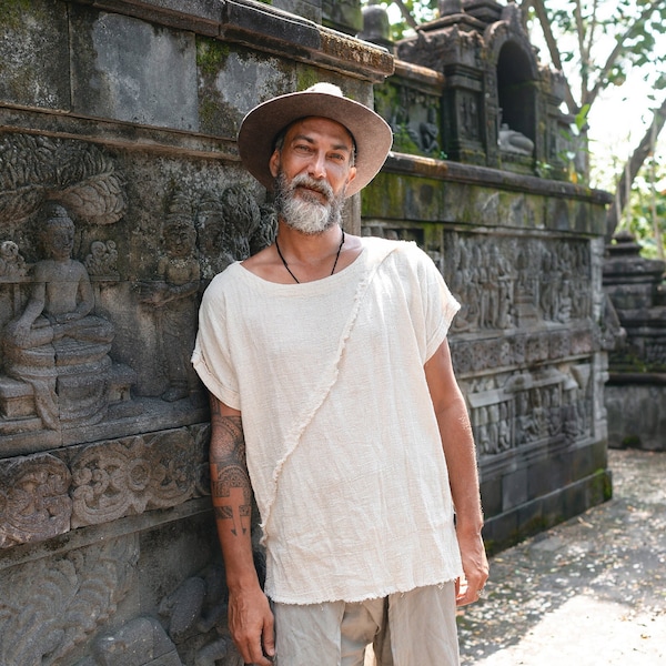 White Boho Tshirt ∆ Organic Shirt Mens Clothing ∆ Eco Nomad Raw Cotton Tribal Top ∆ Hippie Clothes Comfy Tunic ∆ Gypsy Tee Shirt / Off White