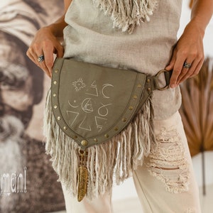 Hip Bag Boho Purse ∆ Cotton Canvas Festival Belt Bag ∆ Pocket Thigh Bag ∆ Linen Fringe Waist Fanny Pack ∆ Sun & Moon Belt Pouch / Army Green