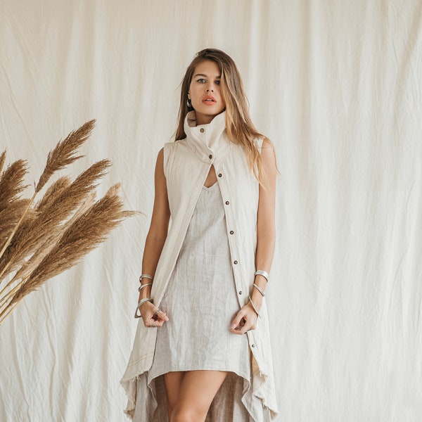 Long Boho Vest ∆ Womens Trench Coat ∆ Asymmetrical Off White Jacket ∆ Boho Clothing Women ∆ Festival Man Clothing ∆ Tribal Sleeveless Duster