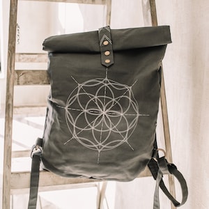 Large Roll Top Backpack ∆ Boho Travel Bag Women ∆ Flower Of Life Laptop Backpack ∆ Navajo Stiches Unisex Cotton Canvas Backpack / Dark Gray