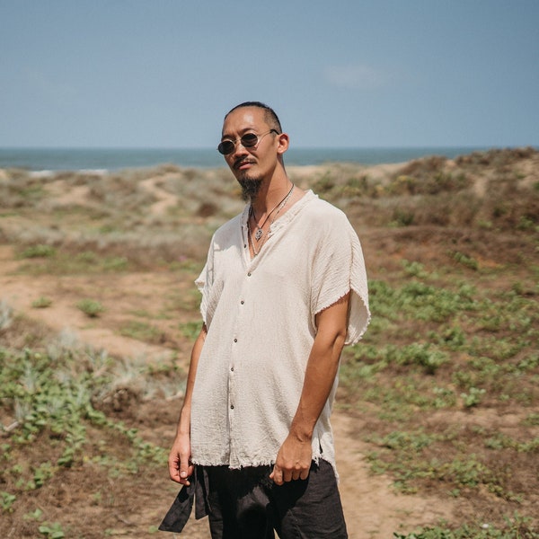 White Boho Button Shirt for Men ∆ Raw Cotton Festival Shirt ∆ Bohemian Clothing ∆ Nomad Outfit Hippie Summer Top ∆ Fringe Tunic / Off White