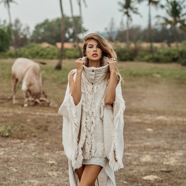 Wide Sleeve Jacket Women ∆ Festival Outfit Boho Clothes ∆ Oversized Fringe Cardigan ∆ Goa Bohemian Kimono Poncho ∆ Wrap Coat  / Off White