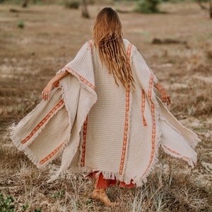 Bohemian Poncho Wrap Coat Boho Man Clothing Women Cardigan Nomad Clothes Festival Outfit Ceremony Cloak Kimono Robe / Off White image 3