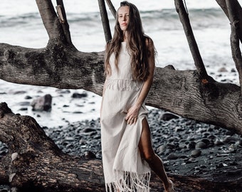 Raw Cotton Boho Dress Women ∆ Long Fringe Maxi Dress ∆ Modest Wedding Bohemian Dresses ∆ Handwoven Organic Cotton Goddess Dress / Off white