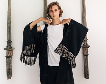 Black Linen Kimono ∆ Men Boho Clothing Fringe Jacket ∆ Bohemian Kimono Cardigan ∆ Linen Clothes Men Top ∆ Eco Flax Long Wrap Kimono Robe