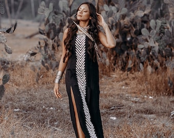 Black Organic Dress Women ∆ Long Maxi Dress ∆ Goddess Dress ∆ Organic Cotton Boho Clothing Tank Dress ∆ Eco Geometric Fringe Sexy Slit Dress