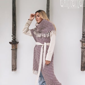 Blanket Coat Women Oversized Boho Cardigan Duster Fringe Jacket Tribal Medieval Clothing Long Cotton Poncho Wrap Overcoat/ Red & White image 1