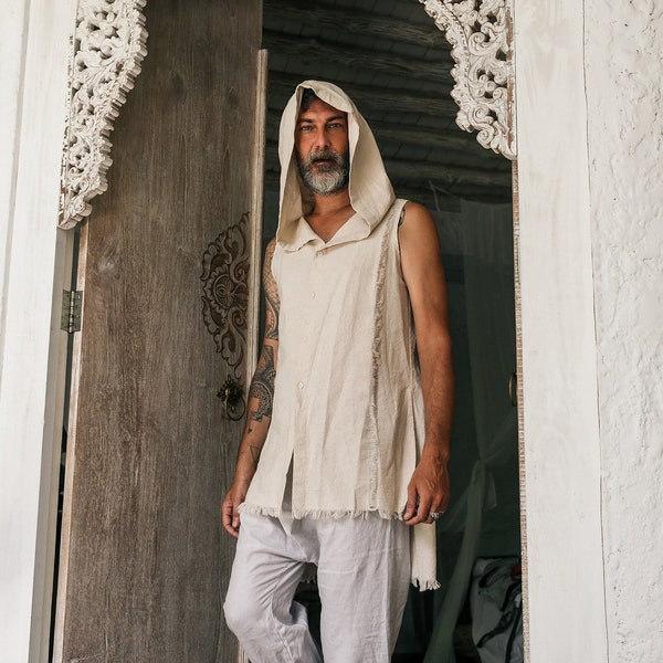 Mens Hooded Vest Shirt ∆ Burning Man Clothing Men Boho Hoodie Tank Top ∆ Hippie Clothes Big Hood Sleeveless Robe ∆ Festival Outfit/ 4 colors