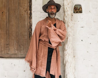 Dusty Rose Linen Kimono ∆ Mens Cardigan ∆ Linen Jacket ∆ Japanese Clothing Men ∆ Flax Linen Oversized Cardigan Robe ∆ Powdered Pink Kimono