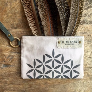 Cartera bohemia con diseño de flor de la vida para mujer ∆ Bolsa de lona de algodón con cremallera ∆ Cartera hippie con cremallera para teléfono ∆ Bonito bolso de mano vegano / Gris claro