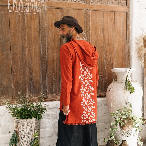 Hooded Cardigan Men ∆ Raw Cotton Hoodie Long Sleeve Shirt ∆ Goa Big Hood Duster ∆ Festival Clothing Men ∆ Organic Button Up Shirt/ Red Ochre