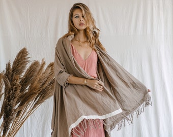 Long Fringe Sleeves Cardigan Shawl ∆ Boho Kimono Wrap Top for Women ∆ Organic Festival Clothes Hippie Cape ∆ Cotton Kaftan / Coffee