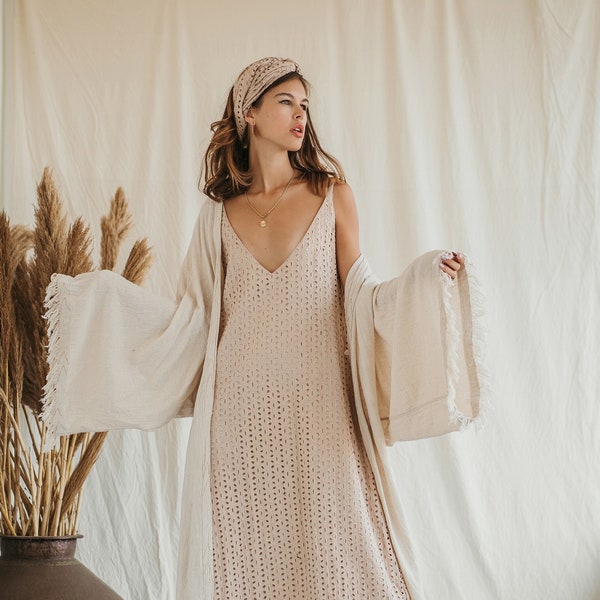 Wide Sleeves Kimono Robe ∆ Boho Wedding Raw Cotton Kaftan Cardigan ∆ Bohemian Gypsy Kimono ∆ Goddess Dress ∆ Beachwear CoverUp / Off White