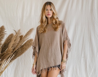 Brown Boho Top ∆ Raw Cotton Poncho ∆ Festival Clothing Women Tunic ∆ Ceremony Clothes Hippie Gypsy Off The Shoulder Top / Coffee