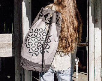 Large Vegan Backpack ∆ Cotton Canvas Torba Bag ∆ Flower of Life Sacred Geometry Print Organic Travel Backpack ∆ Bohemian Backpack / Gray