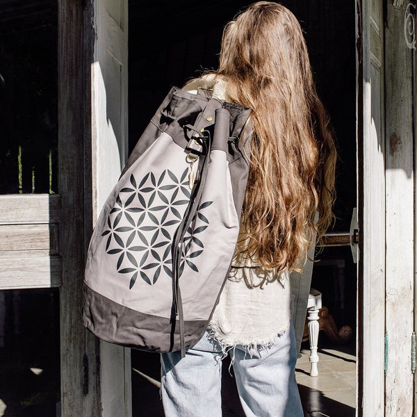 Large Vegan Backpack ∆ Cotton Canvas Torba Bag ∆ Flower of Life Sacred Geometry Print Organic Travel Backpack ∆ Bohemian Backpack / Gray