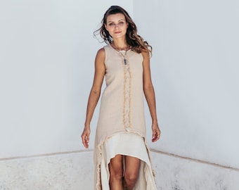 Bohemian Dress ∆ Natural Ibiza Clothing Boho Maxi Dress ∆ Women Organic Dress ∆ Rustic Wedding Raw Cotton Dress 2 Layer / Aroha Tino Beige