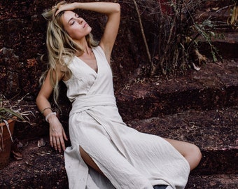 White Boho Dress ∆ Ibiza Raw Cotton Wrap Dress ∆ Kimono Maxi Dress ∆ Goddess Organic Dress ∆ Festival Gypsy Wedding Dress Boho / Off White