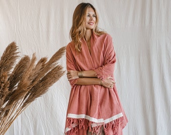 Cotton Shawl Cardigan ∆ Boho Kaftan Cape Hand Stitched ∆ Long Fringe Wrap Kimono Top ∆ Festival Outfit Women Tunic / Pink