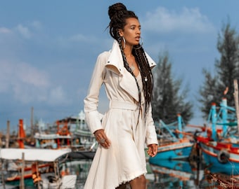 Asymmetric Bohemian Coat ∆ Canvas Trench Coat Women ∆ Maxi High Neck Boho Jacket ∆ Summer Nomad Gypsy Clothing ∆ Festival Coat / Off White