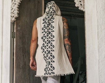 Mens Hooded Vest Shirt ∆ Boho Mens Clothing Jacket ∆ Raw Cotton Tank Top ∆ Gypsy Bedouin Tribal Hood Vest Nomad Festival Outfit / Off White