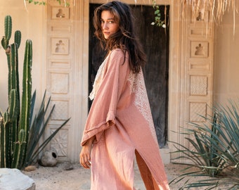 Boho Kimono Robe ∆ Women Wrap Jacket ∆ Burning Man Festival Outfit Cardigan Cover Top ∆ Raw Cotton Clothing by Chintamani Alchemy / 5 colors
