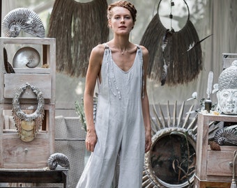 Grey Linen Jumpsuit ∆ Women Overall ∆ Comfy Natural Linen Clothing ∆ Gray Long Romper ∆ Oversize Wide Pants Harem Jumpsuit with Back Zip