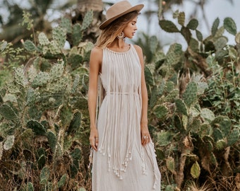 Summer Boho Dress ∆ Festival Clothes Women Maxi Dress ∆ Beach Wedding Dresses ∆ Raw Cotton Cottagecore Dress ∆ Rope Goddess Dress/ Off white