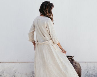 Bohemian Cardigan Kimono ∆ Raw Cotton Wrap Robe ∆ Long Goddess Kaftan ∆ Playa Man Organic Clothing Women ∆ Earthy Natural Dress/ Off-White