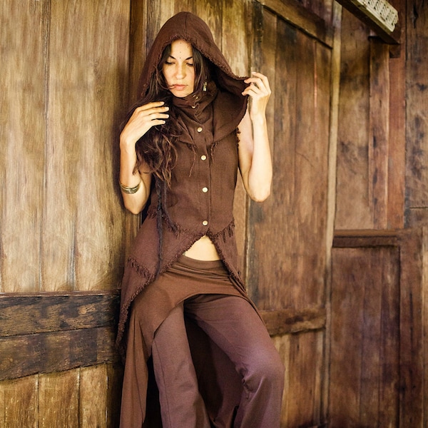Brown Long Frock Coat ∆ Tribal Boho Vest Women with Big Hood & Dragon Belt ∆ Hooded Jacket ∆ Sleeveless Hoodie ∆ Gypsy Clothing Goa Coat